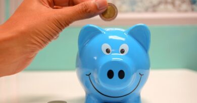 Hand inserting a coin into a blue piggy bank for savings and money management.