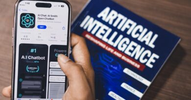 Smartphone displaying AI app with book on AI technology in background.