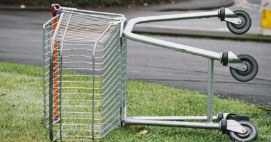 An empty shopping cart lies abandoned on a patch of grass by the roadside.