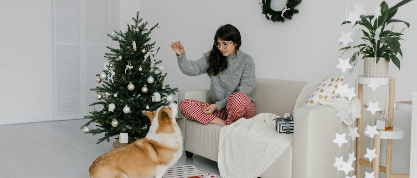 Festive setting with a woman and her Corgi celebrating Christmas indoors with decorations.