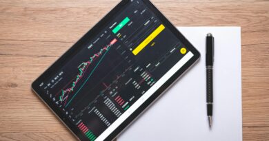 Overhead view of a digital tablet displaying stock market graphs and data on a wooden desk.