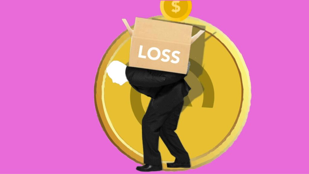 Creative image depicting economic losses with a person carrying a heavy box labeled 'LOSS'.