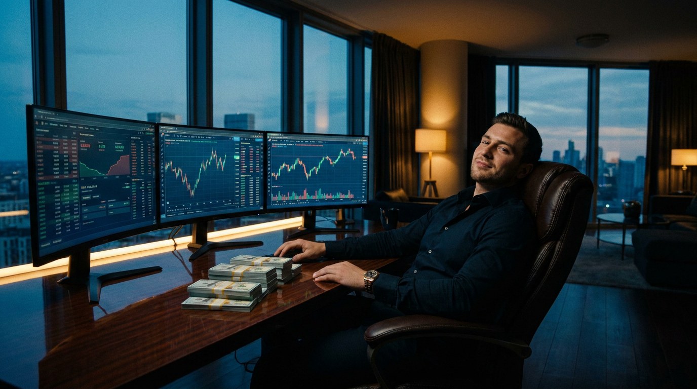 AI trader with stacks of cash in front of stock chart screens in a penthouse
