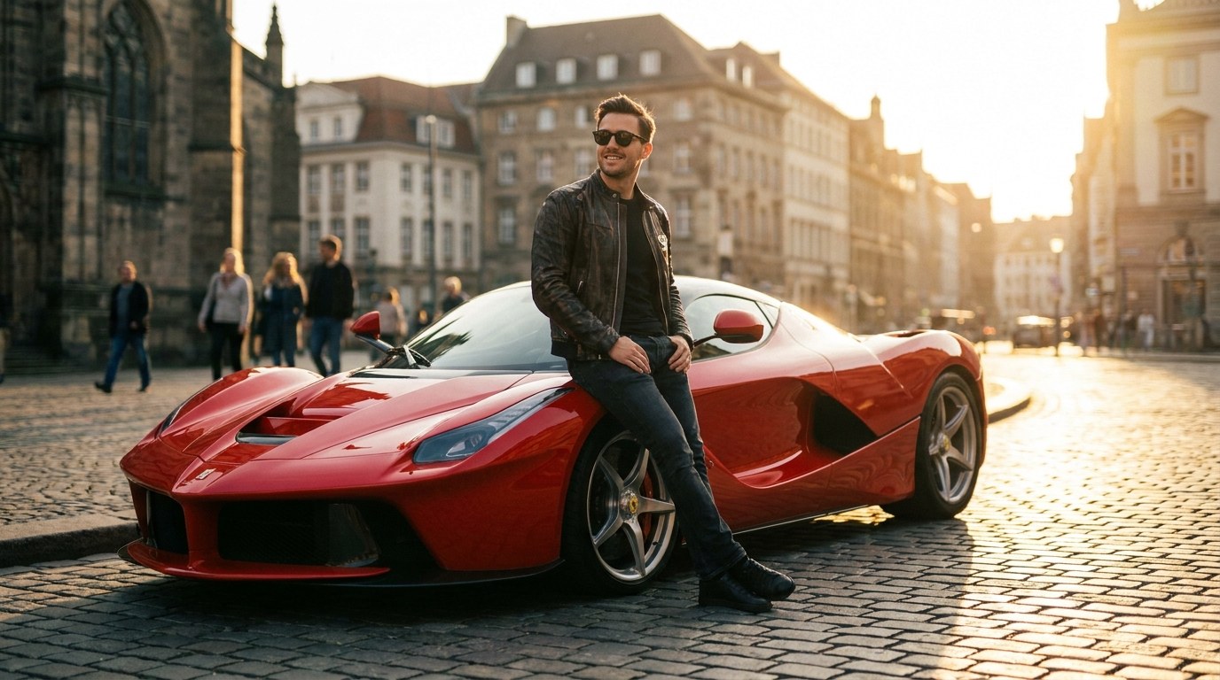 Young successful investor leaning on a red Ferrari sports car at golden hour