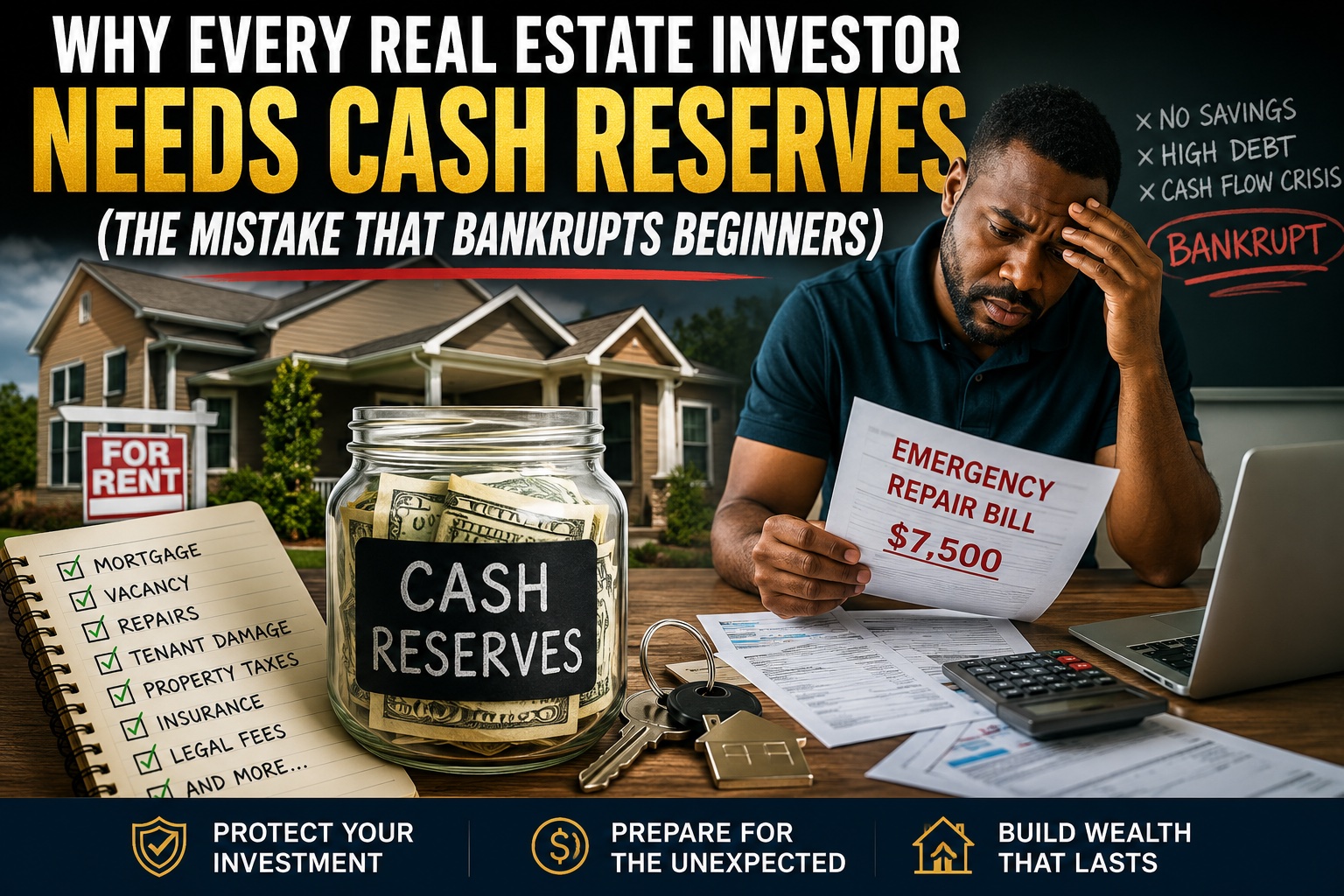 landlord reviewing real estate cash reserves and rental property budget at a desk