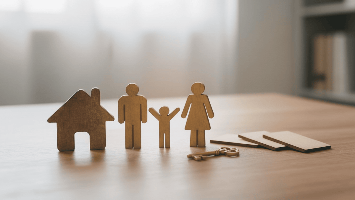 Wooden figures of a family next to a house and keys, representing acquiring income-producing assets
